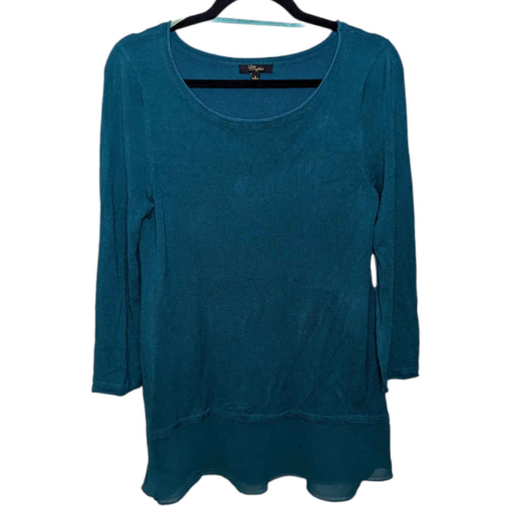 Cupio Teal Long Sleeve Layered Top with Sheer Hem✨